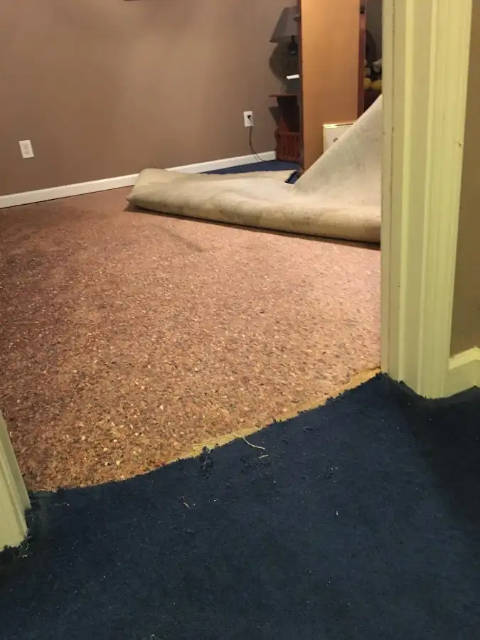 Carpet pad removal revealing water damage during Water Mitigation Services in Rosaryville